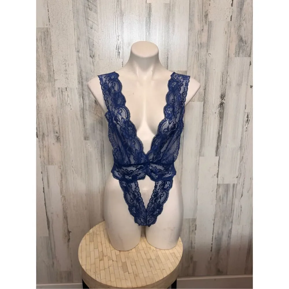 Avidlove Blue Lace Teddy Bodysuit Sheer Deep V Lingerie Open Back Size M